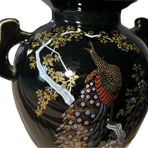 Japanese Vintage Black Gold Trimmed Peacock Vase BEAUTIFUL - Picture 2 of 11